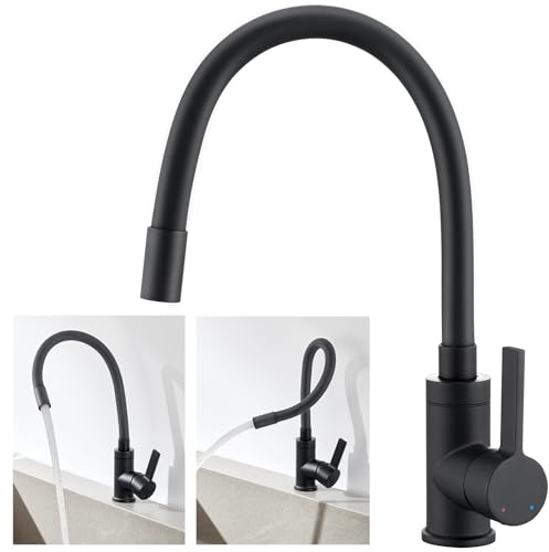Flexibler Wasserhahn Küche Schwarz, Auralum Spültischarmatur 360° Schwenkbar, Küchenarmatur Schwarz Matt, Hochdruck Armatur Küche mit Flexibler Auslauf, Mischbatterie Küche Schwarz
