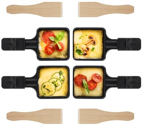 Hisdricus Lot de 4 Poelon raclette tefal, poêlons à raclette, pour raclette grill, avec revêtement antiadhésif et 4 grattoirs en bois pour griller du fromage, des œufs, raclette-4pcs-sa
