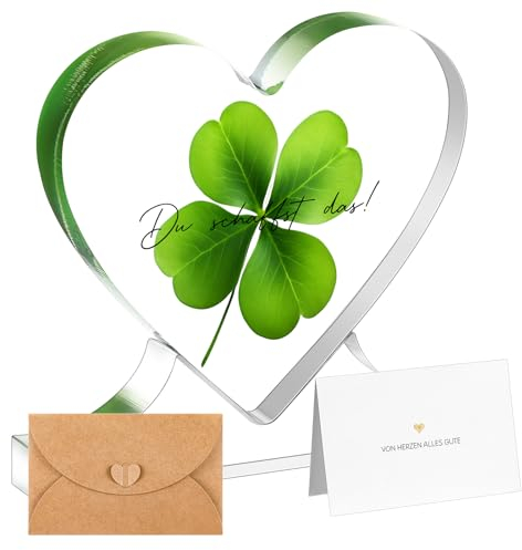 Blulu Inspirierend Acryl Herz Schild Du Schaffst Das Geschenk Vierblättrig Kleeblatt Glücksbringer Alles Gute Karte und Umschlag Glücksklee Geschenk für Abschluss Prüfung Abitur Aufmunterung Genesung