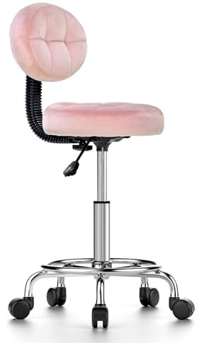 Sgabello da Ufficio con Poggiapiedi Circolare, Sedia Uffico con Schienale Rimovibile, Sgabello con Ruote In Velluto, Regolazione in Altezza di 15 cm per Salone di Massaggio, Cliniche, Ufficio, Rosa
