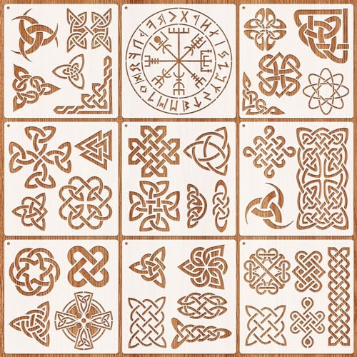 JSRQT 9 Stücke Keltisch Schablonen Set,Runen Schablonen,Wikinger-Symbol Wiederverwendbare Zeichnung Malschablonen Malen Schablonen Vorlagen 7.9 x 7.9”