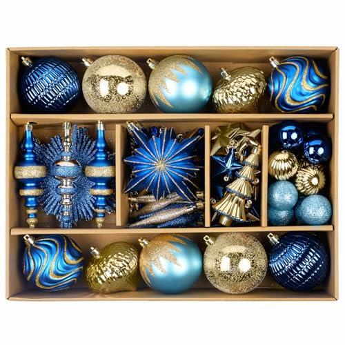 SHareconn 80pcs 4-12.5cm Christmas Baubles Set, Shatterproof Plastic Gold Baubles for Christmas Tree Decorations, Holiday Party Decorations, with Hanging String, Blue Gold