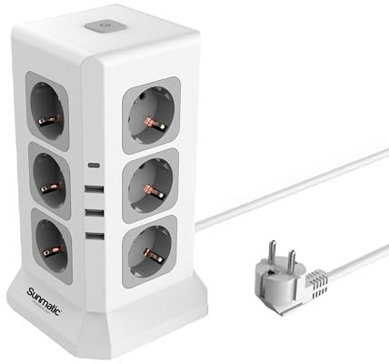 SUNMATIC Multiprise 12 Prises EU avec Parafoudre, 3 Ports USB-A, 1 Port USB-C – PC Ignifuge, Protection Contre Surcharge, Sécurité Enfant, Câble Pur Cuivre 2M, 3680W pour Maison & Bureau