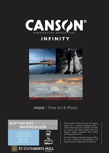 Canson Infinity Somerset Enhanced Watercolour White, digitales Fotopapier, 240 g/m², gekörnt, naturweiß, Box, DIN A3 29,7 x 42 cm, 25 Blatt
