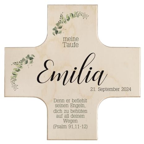 Striefchen® Holzkreuz zu Taufe, Kommunion oder Konfirmation mit Namen (Eukalyptus, 14 cm x 14 cm x 1,7 cm)