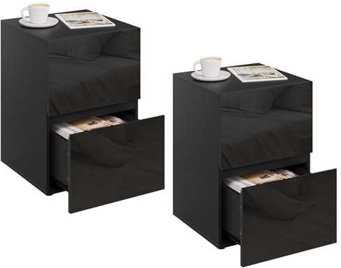 EUGAD 2er Set Nachttisch schwarz, Nachtschrank mit 2 Schubladen in Hochglanz, Moderne Nachtkommode für Boxspringbett, Beistelltisch Ablagetisch für Schlafzimmer Wohnzimmer, 40x58x40 cm, 0013CTG-2