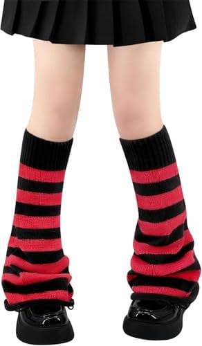 FENXIXIONE Y2k Goth Leg Warmers for Women Harajuku Kawaii Leg Warmers Fuzzy Long Warmer Leg Warmers (One Size,B Black & Red Stripes Flared)