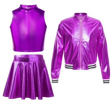 Nyeemya Tuta da Bambina Lucida Metallizzata Completo 3 Pezzi Giacca Jacket Con Zip + Canotta Crop Top + Mini Gonna Abito Da Ballo di Strada Jazz Hip-Hop Dancewear Viola 11-12 anni
