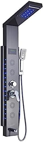 GKPSSURV Panneau de Douche Cascade à 5 Fonctions en Acier Inoxydable avec Bec de Baignoire et douchette à Main, Colonne de Douche - Nickel brossé, Noir