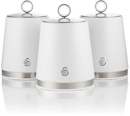 Swan SWKA18536WHT Serenity Set of 3 Kitchen Storage Canisters for Tea, Coffee, and Sugar with Smooth Matt Finish and Stainless Steel Accents, 1.3L, White
