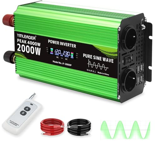 Yinleader Wechselrichter 2000W /4000W Spannungswandler Reine Sinuswelle 12V 230V mit 2 Eurosteckdosen und 4 USB Spannungsanzeige