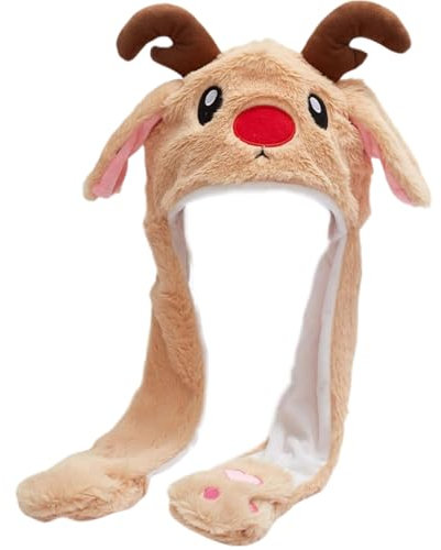 Wedhapy Mütze Mit Beweglichen Ohren Flauschige Weihnachtsmütze in Einheitsgröße Süße Verrückte Cartoonmütze Festliche Thermo-Wintermütze Mit Beweglichen Ohren Lustige Weihnachtsmützen Rentier