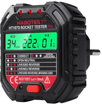 DEWIN Tester de Prese,Tester per Circuiti Elettrici con Test RCD e Display LCD 6 tipi di Diagnosi dei Guasti, Visualizzazione di Tensione e Frequenza, 90-250V(EU Plug)