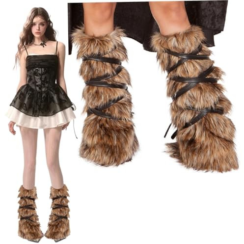 Lamppdcor 1 Pair Viking Costume Women 11.8 In Long Viking Fluffy Leg Warmers with Leather Wrap for Boots, Fuzzy Leg Warmers for Cosplay Warrior, Viking Costume Accessory