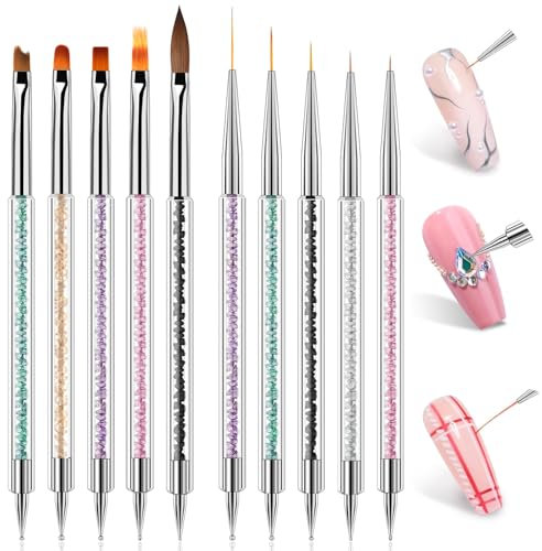MUSILAN Ensemble de Pinceaux pour nail art, 10 Tailles Pinceaux à ongles avec pinceau à liner et stylos à pointiller, Kit de pinceaux professionnels à double embout pour nail art, dessin et design