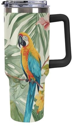 DWTJKMS Tasse à café isotherme en acier inoxydable avec couvercle et paille - Motif plantes tropicales et perroquets - 1200 ml - Grande bouteille d'eau - Cadeau pour homme et femme - Noir