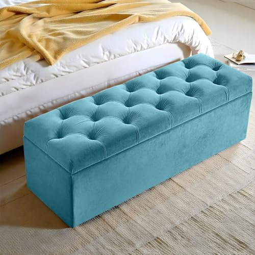 Harveys Living Chesterfield Ottoman Storage Box - Fabric Button Style Engineered Wood Luxurious Plush Velvet Ottoman Storage Bench - (Teal, No Legs)