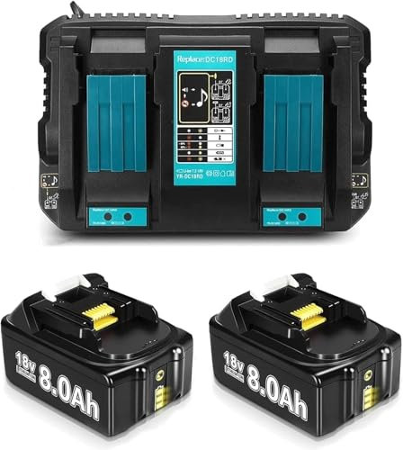 2Pack 8.0Ah BL1860B Battery with DC18RD Charger Compatible with Makita Battery 18V BL1860 BL1860B BL1850 BL1850B BL1840 BL1830 BL1820 LXT400 DC18RA DC18RC DC18RD with LED Indicator (DBL+C)