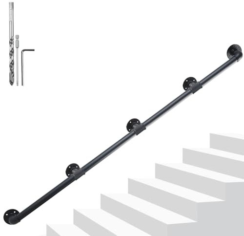 YedZen 4.27m/14ft Metal Stairs Handrail, 4.27M Handrails for Stairs for Indoor Outdoor, Wall Mounted Non-Slip Industrial Steel Pipe Hand Rail, Black Stair Rail for Staircase
