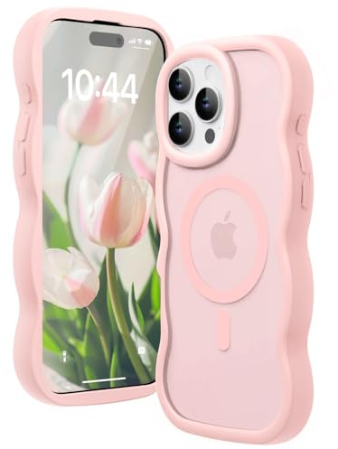 Amzfield Magnetic Case for iPhone 16 Pro Max, Wavy Translucent Matte, Pink | Compatible with MagSafe Wavy Translucent Soft Silicone Shockproof Cute Matte for Girl Women Drop Protection Soft Touch Pretty