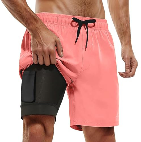 Short de Bain Homme 2 en 1, Maillot de Bain Homme Piscine Séchage Rapide avec Doublure de Compression Boxer de Bain Grande Taille Léger Shorts de Plage Natation Surf avec 2 Poches, Rose 3XL