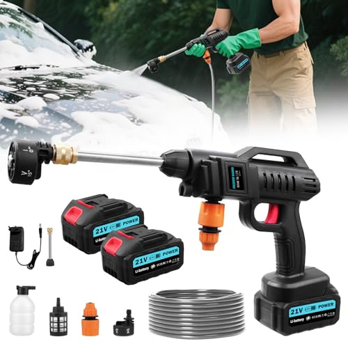 Akku Hochdruckreiniger, 21V 62Bar Druckreiniger Mobile Akku-Hochdruckreiniger, hochdruckreiniger akku mit 2 Akk𝘂, 6-in-1-Multifunktionsdüse, 5M Schlauch, Tragbarer hochdruckreinige𝗿 für Auto, Gärten