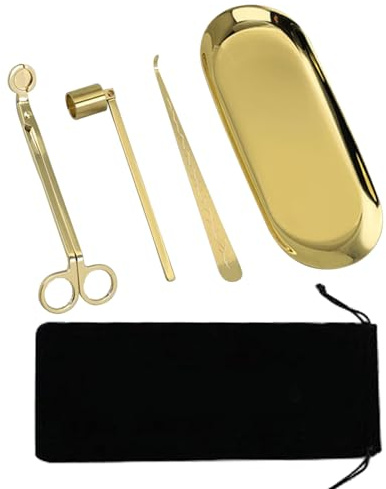 4 in 1 Candle Accessory Set, Candle Snuffer, Wick Cutter Dipper (Gold) | MrMrKura Vintage Candle Care Kit with Velvet Pouch, Storage Tray Plate, Black Wick Candle Care Kit for Candle Lover
