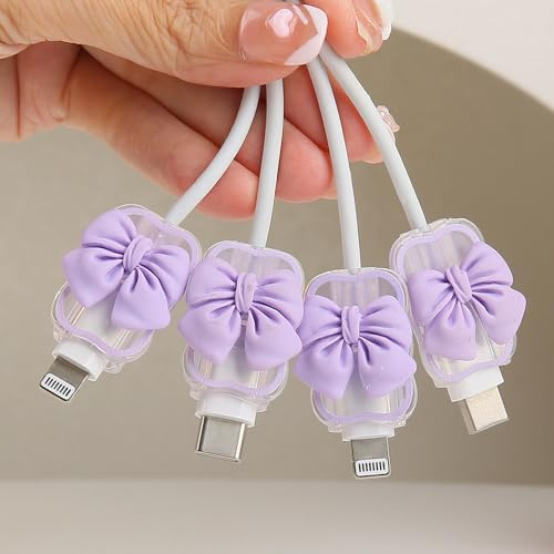 QLD COVER 4pcs Cable Connection Protector, Cute 3D Bow Tie Waves Design for Apple Lightning/Type-C Data Line Head Cord Savers Wire Protection Cover Anti-break Charger Cables Sleeves, Purple Bow