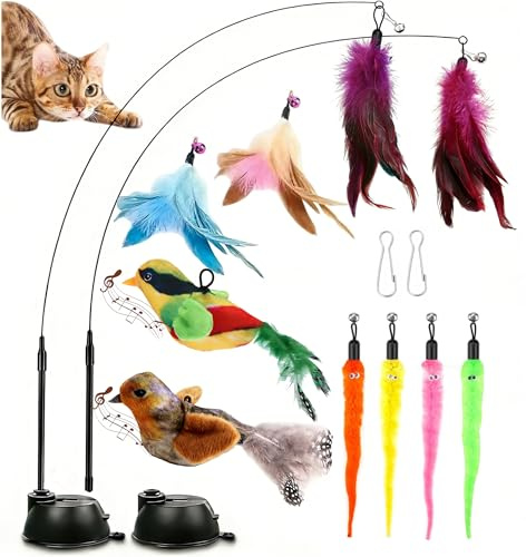Fan Hua 14 PCS Katzenspielzeug Angel mit Feder- Interaktives Spielzeug für Katzen Federspielzeug Mit Saugnapf für Kitten SelbstbeschäFtigung (mit Feder/Vogel/Wurm)