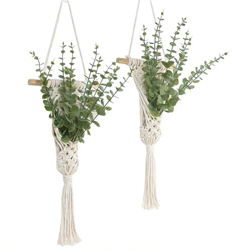 UBOSU Macrame Wall Hanging with Artificial Eucalyptus Plant, Boho Wall Decor, Green Gray, Set of 2