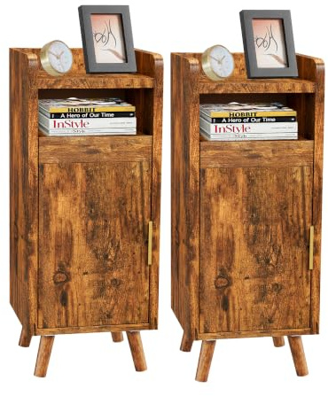 Durecoform Nachttisch 2er Set mit Tür, Nachtschrank Schmal mit Tablett, Beistelltisch mit Stauraum, Platzsparend, Moderner Nachttisch für Schlafzimmer Wohnzimmerm, 25×30×60cm
