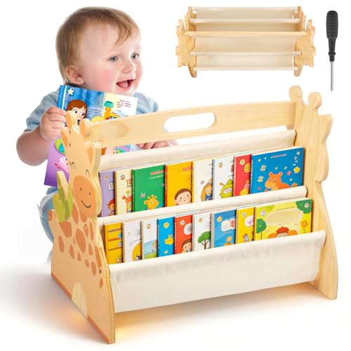 Bibliothèque Montessori Bois pour Enfant 43x34x28,3cm Bibliothèque Enfant Double Face Quatre Couches avec Poignée Rangement Livre Enfant 3-8 Ans Aménagement Open Bords Arrondis pour Chambres écoles