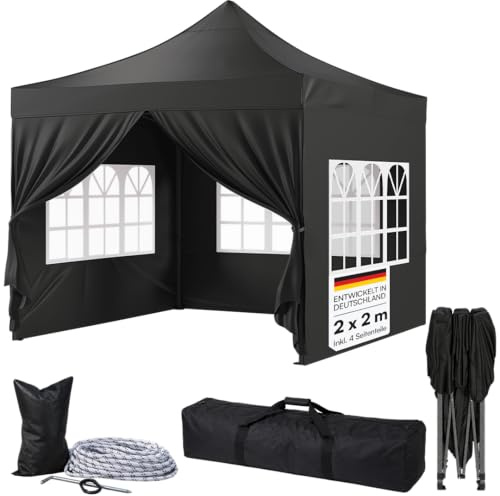 STEELSØN Rynara Faltpavillon 2x2 m, 4 Seitenteile, Schwarz, wasserdicht | Gartenpavillon, Pop Up Pavillon, 3-fach höhenverstellbar, UV-beständig, winterfest, stabil, mit Tragetasche, Outdoor & Garten