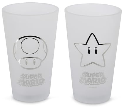 Elbenwald 2er Set Gläser - Motive wie Super Mario, Marvel, Pokemon & viele mehr 490 ml Fassungsvermögen 16 cm Hoch Glas Matt (Super Mario)