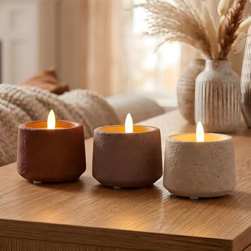 levandeo 3er Set LED Kerzen mit Timer Echtwachs Beton Braun Beige Tischdeko Boho Stil Skandi Design Deko Windlicht