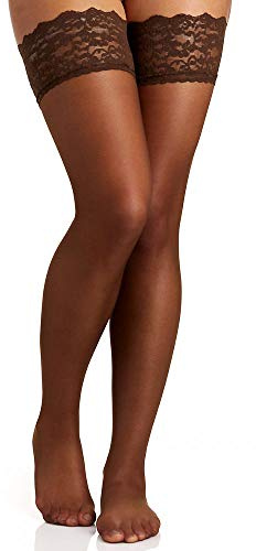Berkshire Coffee Thigh High Stockings for Women Lace Top with Stay Up Silicone Silky Sheer Sandalfoot Invisible Toe Pantyhose