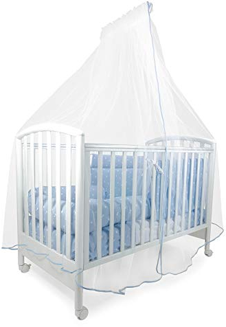 Babysanity® Zanzariera Lettino Neonato con Supporto Asta con velo per Culla in Tulle Antistrappo Protezione Sicura da Zanzare, Insetti e Polvere Made In Italy (Bianca bordata in Azzurro)
