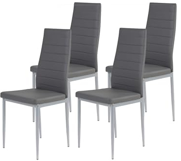 Hela Tische, 4er Set Esszimmerstuhl Küchenstuhl Simone, Kunstleder Grau, Rundrohgestell alufarben, Steppnähte