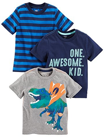 Simple Joys by Carter's Chemises à manches courtes Garçon, Lot de 3, Bleu Marine Imprimé Texte/Bleu Rayures/Gris Dinosaure, 5 ans
