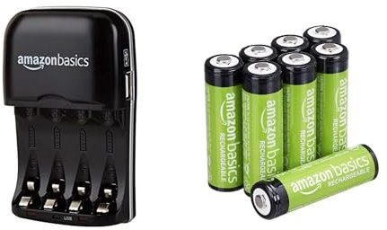 Amazon Basics Ni-MH AA & AAA Battery Charger With USB Port & AA Pre-Charged Rechargeable Batteries 2000 mAh / minimum: 1900 mAh [Pack of 8] - Outer Jacket May Vary