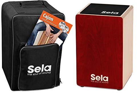Sela SE 184 DE Primera Cajon Red Einsteiger Bundle mit Sela Snare System, aufgebaut, Rucksack, Sitzpad, Schule, CD, DVD