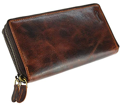 Ven Tomy Geldbörse Damen Herren groß viele Fächer Leder Portemonnaie Geldbörsen Portmonee braun RFID Blocker (Dunkelbraun Glattleder)