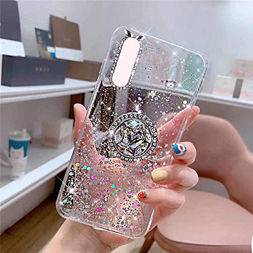 Kompatibel mit Samsung Galaxy A50 Hülle mit Diamant Ring Ständer,Handyhülle Galaxy A50 Glänzend Bling Glitzer Stern Transparent Silikon Hülle TPU Schutzhülle Case Tasche,Klar