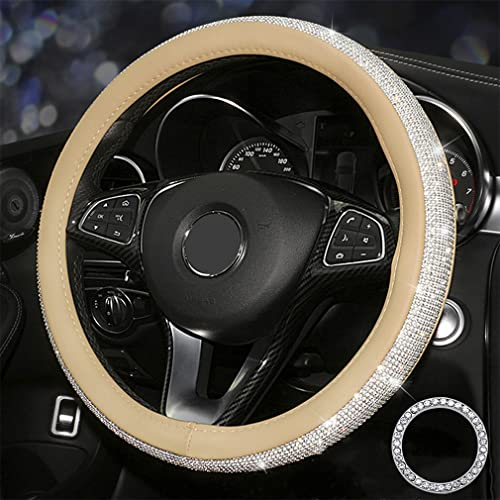 Lifetooler Lenkradbezug Glitzer mit Bling Strass Lenkradhülle Leder Strasssteine Atmungsaktive Universal 38cm/15 Inch Bequem Anti Rutsch Auto Accessoires für Frauen (beige-weiß)