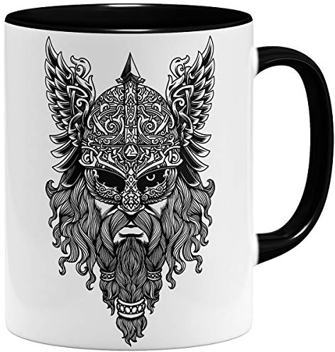OM3® Viking-Valknut Tasse | Keramik Becher | 11oz 325ml | Odin Wikinger Skull Nordic Warrior | Schwarz