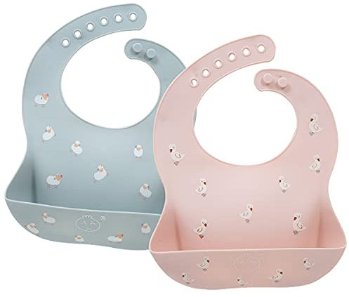 Little Dimsum Babero impermeable de silicona para bebés para bebés y niños pequeños con recogedor de alimentos(Pato oveja)