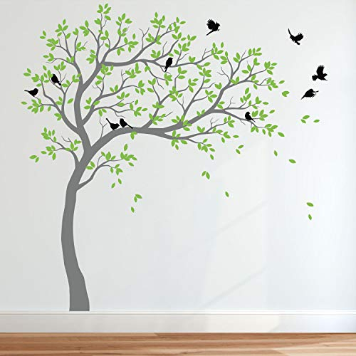 Großer Wandaufkleber Baum Mit Vögeln - Kinderzimmer Wandsticker Wandtattoo Vinyl Wanddekor KW032 (Äste Nach Rechts, Grau, Lindgrün, Schwarz)