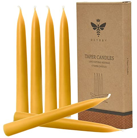 Natural Beeswax Taper Candles, DEYBBY Smokeless and Dripless Beeswax Candles, Long Lasting Burning, Nontoxic, 8 inch, 6 Pack