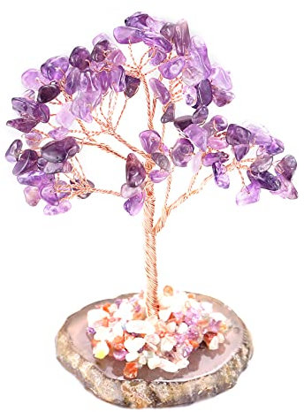 HALUKAKAH Arbre de Cristal SANTÉ Feng Shui Améthyste Quartz Authentique Pierre Précieuse Arbre de Vie Fait à la Main Branches de Fil de Cuivre Agate Base Bol Chantant Béni 10cm Haut