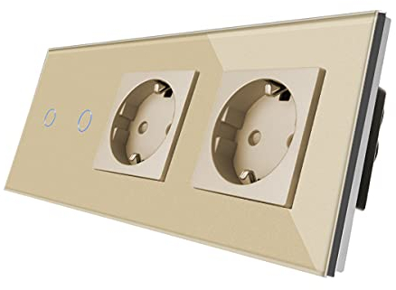 CNBINGO Schuko Doble Secke interruptor - panel de vidrio de sistema táctil y LED de estado - 2 bandas de 1 vía Switch - Interruptor táctil Oro y enchufe - No se requiere una escalera neutral